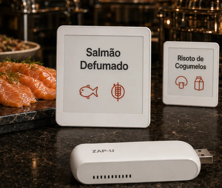 Etiquetas eletrônicas exibindo Salmão Defumado e Risoto de Cogumelos